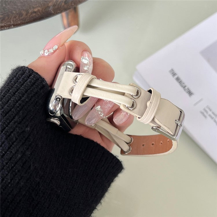 For Apple Watch 10 46mm / Ultra 2 / Ultra 49mm / 9 8 7 45mm / SE (2023) SE (2022) SE 6 5 4 44mm / 3 2 1 42mm Genuine Cow Leather Watchband - White