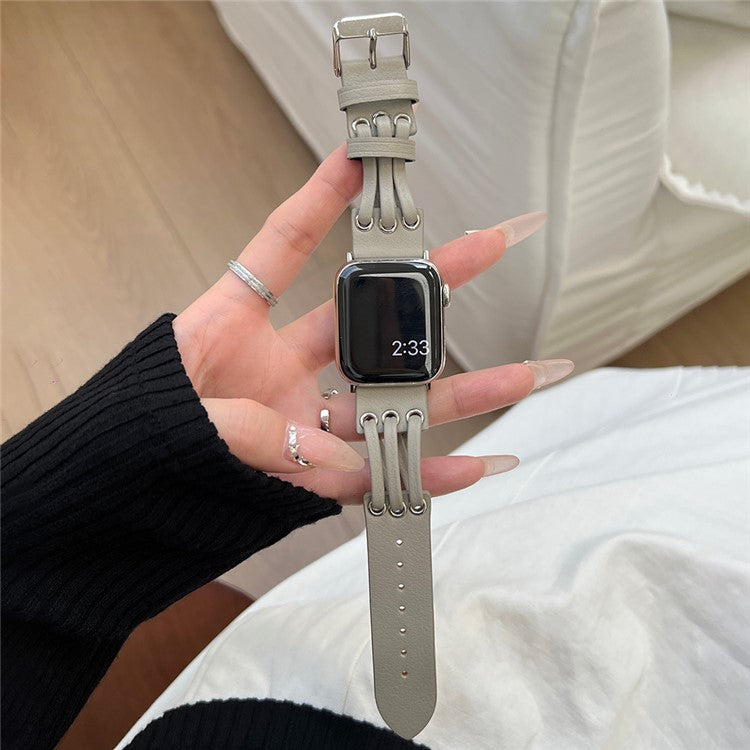 Strap For Apple Watch Series 10 42mm / 9 8 7 41mm / SE (2023) SE (2022) SE 6 5 4 40mm / 3 2 1 38mm Genuine Cow Leather Watch Band - Light Grey