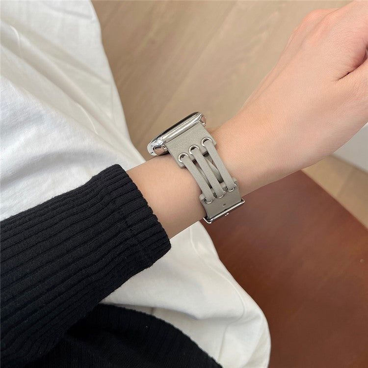 Strap For Apple Watch Series 10 42mm / 9 8 7 41mm / SE (2023) SE (2022) SE 6 5 4 40mm / 3 2 1 38mm Genuine Cow Leather Watch Band - Light Grey