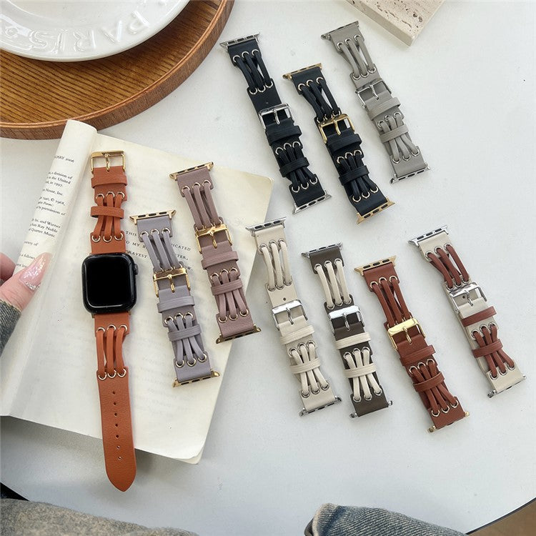 Strap For Apple Watch Series 10 42mm / 9 8 7 41mm / SE (2023) SE (2022) SE 6 5 4 40mm / 3 2 1 38mm Genuine Cow Leather Watch Band - Light Grey