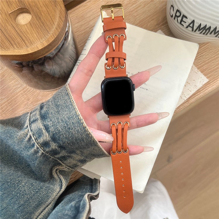 Strap For Apple Watch Series 10 42mm / 9 8 7 41mm / SE (2023) SE (2022) SE 6 5 4 40mm / 3 2 1 38mm Genuine Cow Leather Watch Band - Orange