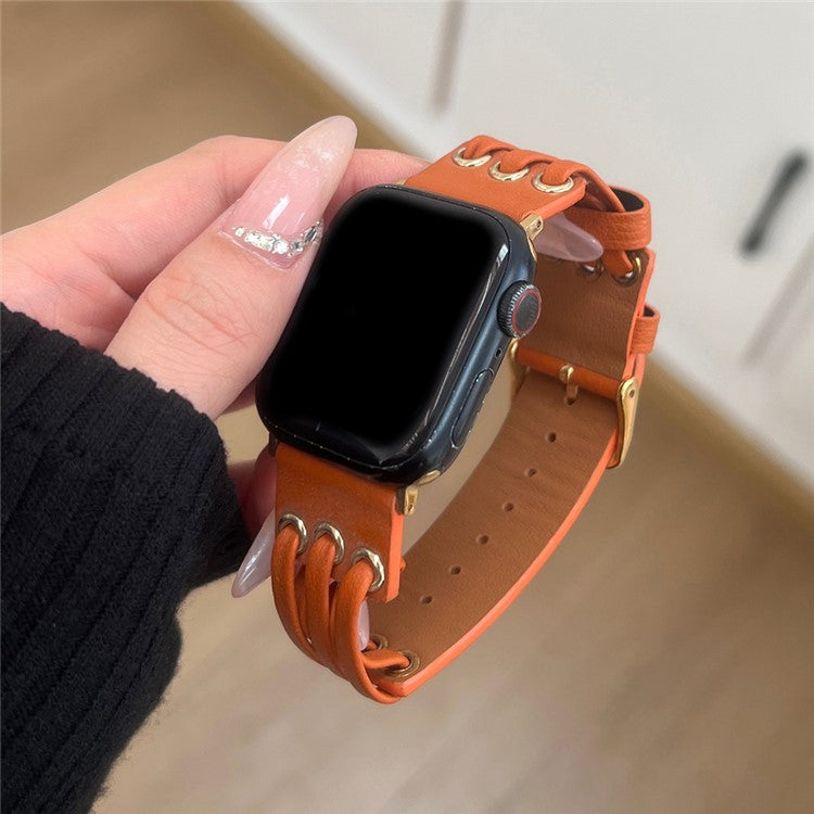 Strap For Apple Watch Series 10 42mm / 9 8 7 41mm / SE (2023) SE (2022) SE 6 5 4 40mm / 3 2 1 38mm Genuine Cow Leather Watch Band - Orange