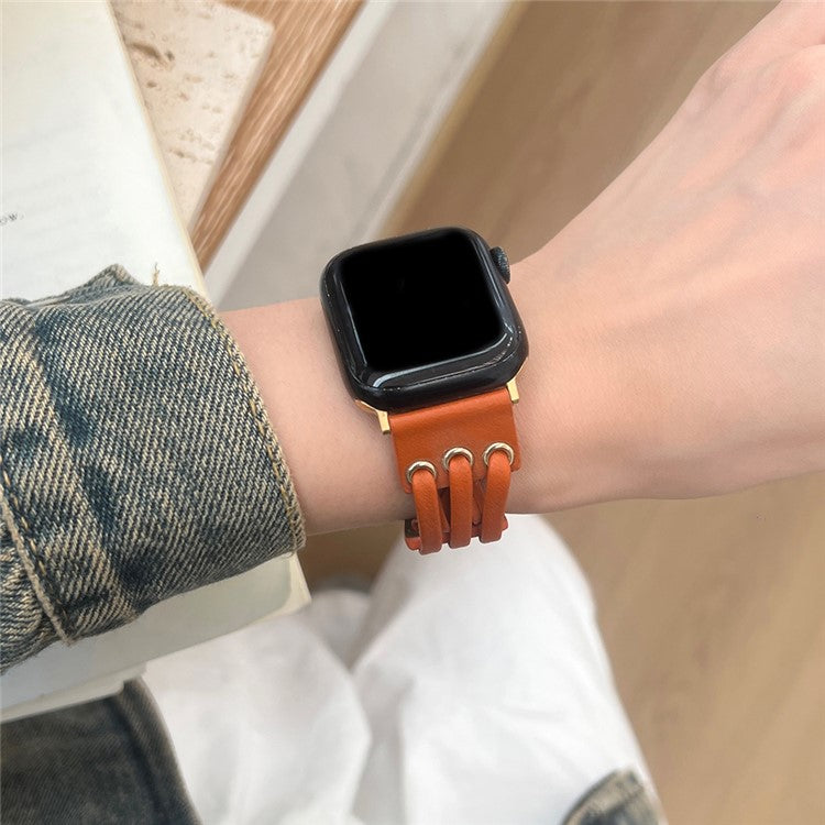 Strap For Apple Watch Series 10 42mm / 9 8 7 41mm / SE (2023) SE (2022) SE 6 5 4 40mm / 3 2 1 38mm Genuine Cow Leather Watch Band - Orange