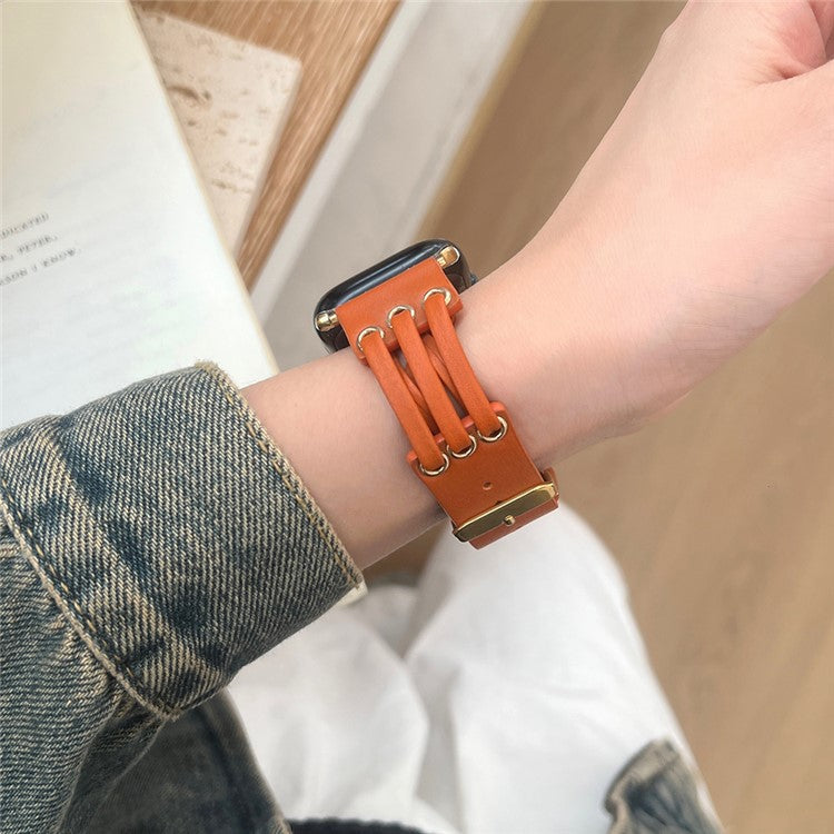 Strap For Apple Watch Series 10 42mm / 9 8 7 41mm / SE (2023) SE (2022) SE 6 5 4 40mm / 3 2 1 38mm Genuine Cow Leather Watch Band - Orange
