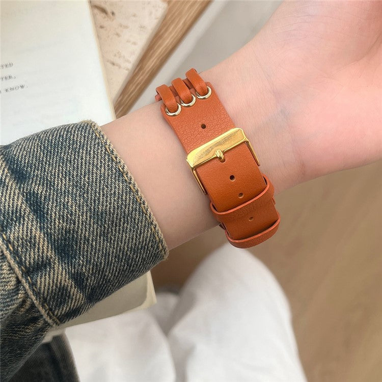 Strap For Apple Watch Series 10 42mm / 9 8 7 41mm / SE (2023) SE (2022) SE 6 5 4 40mm / 3 2 1 38mm Genuine Cow Leather Watch Band - Orange