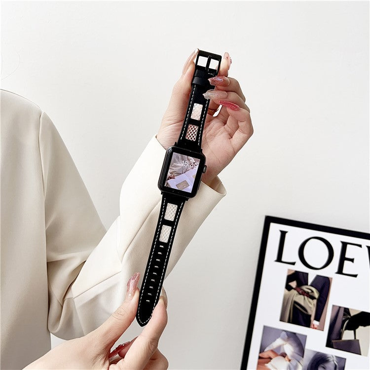 For Apple Watch 10 46mm / Ultra 2 / Ultra 49mm / 9 8 7 45mm / SE (2023) SE (2022) SE 6 5 4 44mm / 3 2 1 42mm PU Leather Mesh Watch Straps - Black