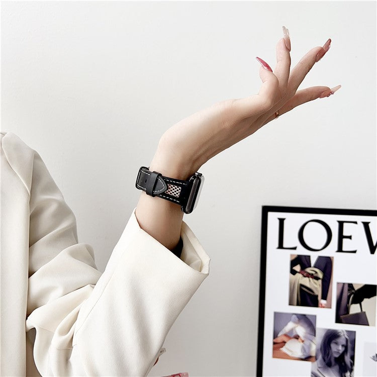 For Apple Watch 10 46mm / Ultra 2 / Ultra 49mm / 9 8 7 45mm / SE (2023) SE (2022) SE 6 5 4 44mm / 3 2 1 42mm PU Leather Mesh Watch Straps - Black