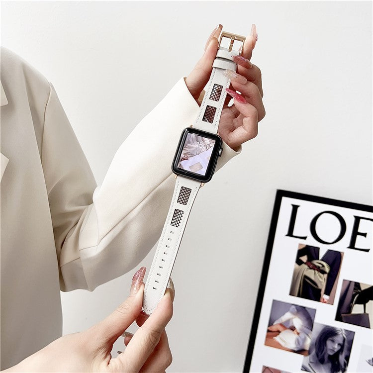 Strap For Apple Watch Series 10 42mm / 9 8 7 41mm / SE (2023) SE (2022) SE 40mm 6 5 4 / 3 2 1 38mm PU Leather Watch Band with Mesh - White