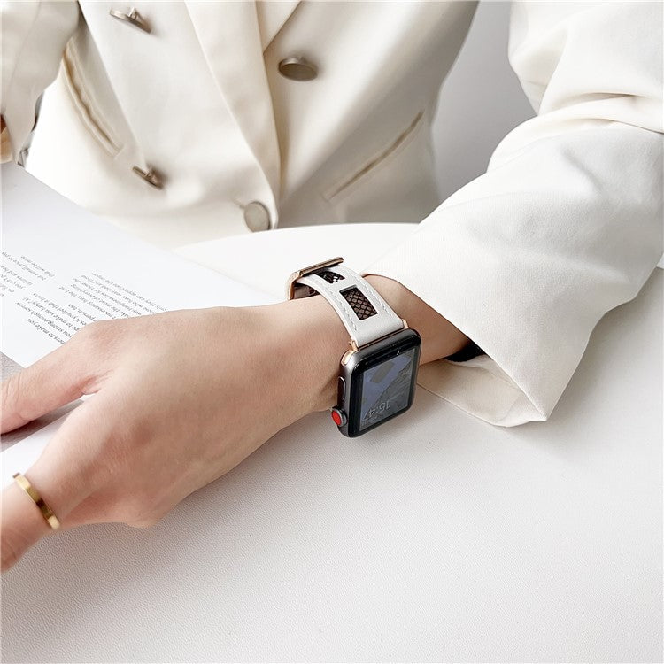 Strap For Apple Watch Series 10 42mm / 9 8 7 41mm / SE (2023) SE (2022) SE 40mm 6 5 4 / 3 2 1 38mm PU Leather Watch Band with Mesh - White