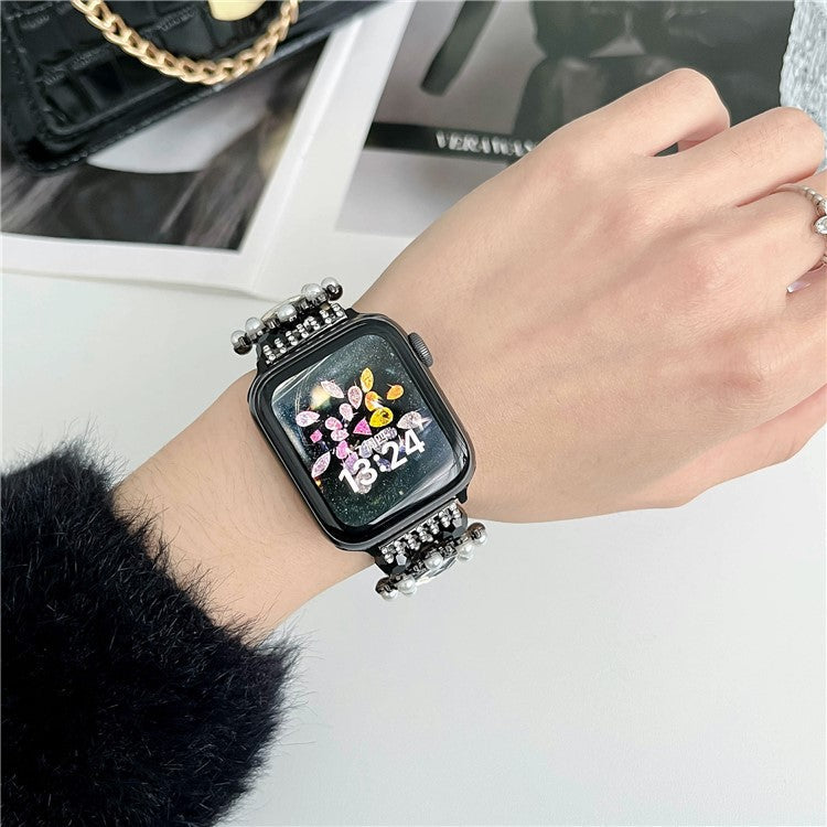 For Apple Watch 10 46mm / Ultra 2 / Ultra 49mm / 9 8 7 45mm / SE (2023) SE (2022) SE 6 5 4 44mm / 3 2 1 42mm Pearl Bracelet Watch Band - Rose Gold - Black