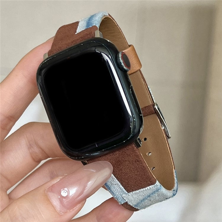 For Apple Watch 10 46mm / Ultra 2 / Ultra 49mm / 9 8 7 45mm / SE (2023) SE (2022) SE 6 5 4 44mm / 3 2 1 42mm Denim+PU Leather Wrist Band - Blue Dyeing+Brown