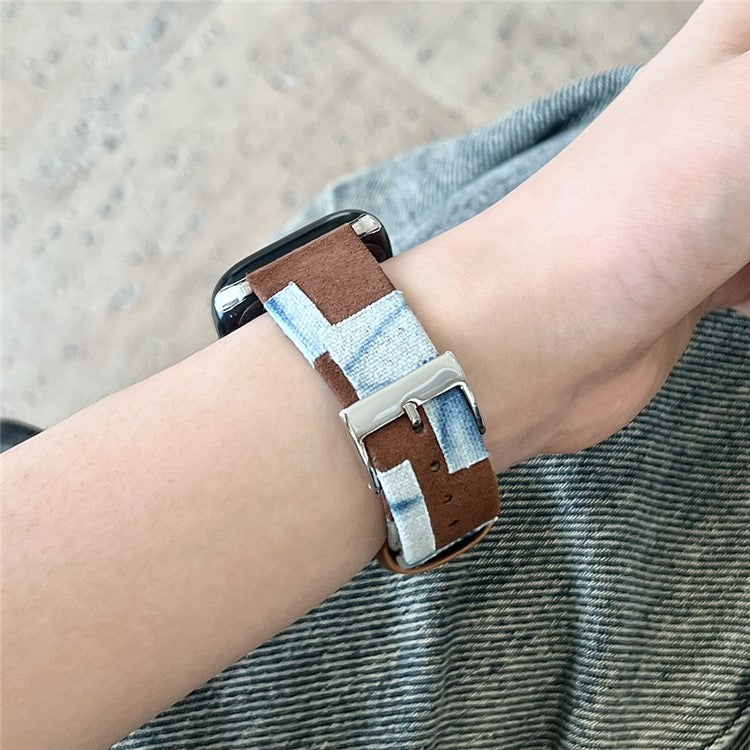For Apple Watch 10 46mm / Ultra 2 / Ultra 49mm / 9 8 7 45mm / SE (2023) SE (2022) SE 6 5 4 44mm / 3 2 1 42mm Denim+PU Leather Wrist Band - Blue Dyeing+Brown