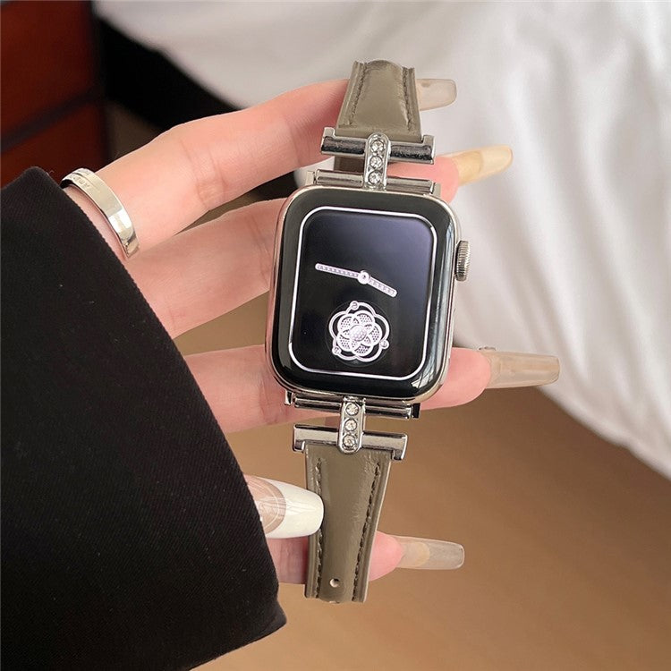 Rhinestone Decor Strap For Apple Watch Series 10 42mm / 9 8 7 41mm / SE (2023) SE (2022) SE 6 5 4 40mm / 3 2 1 38mm Genuine Cow Leather Band - Coffee