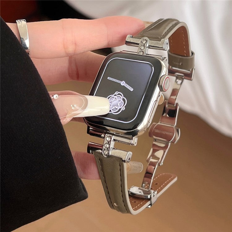 Rhinestone Decor Strap For Apple Watch Series 10 42mm / 9 8 7 41mm / SE (2023) SE (2022) SE 6 5 4 40mm / 3 2 1 38mm Genuine Cow Leather Band - Coffee