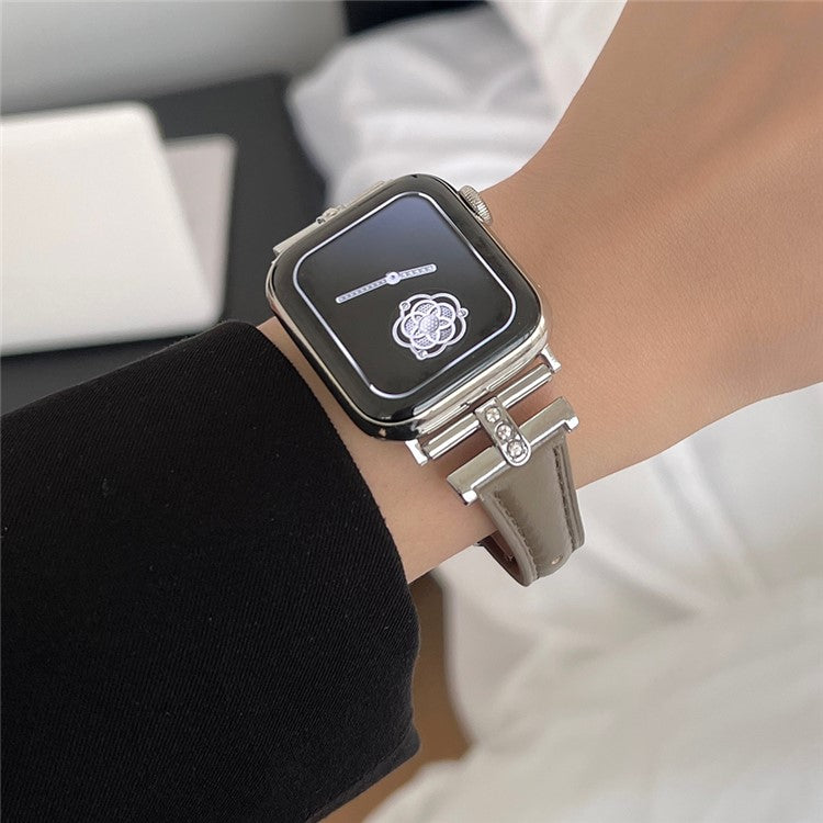 Rhinestone Decor Strap For Apple Watch Series 10 42mm / 9 8 7 41mm / SE (2023) SE (2022) SE 6 5 4 40mm / 3 2 1 38mm Genuine Cow Leather Band - Coffee