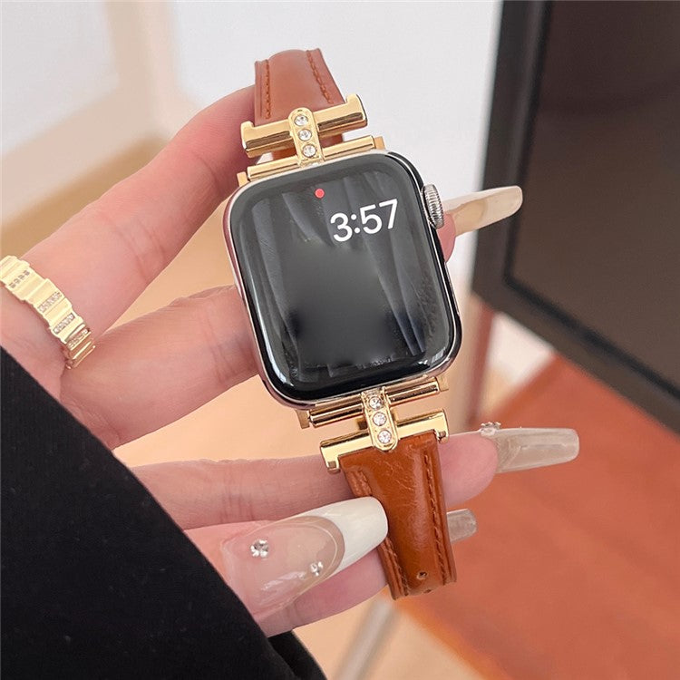 Rhinestone Decor Strap For Apple Watch Series 10 42mm / 9 8 7 41mm / SE (2023) SE (2022) SE 6 5 4 40mm / 3 2 1 38mm Genuine Cow Leather Band - Brown+Gold Buckle