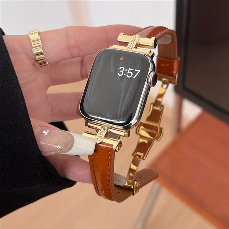Rhinestone Decor Strap For Apple Watch Series 10 42mm / 9 8 7 41mm / SE (2023) SE (2022) SE 6 5 4 40mm / 3 2 1 38mm Genuine Cow Leather Band - Brown+Gold Buckle
