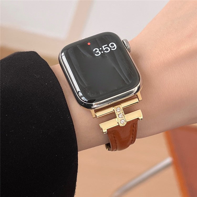 Rhinestone Decor Strap For Apple Watch Series 10 42mm / 9 8 7 41mm / SE (2023) SE (2022) SE 6 5 4 40mm / 3 2 1 38mm Genuine Cow Leather Band - Brown+Gold Buckle