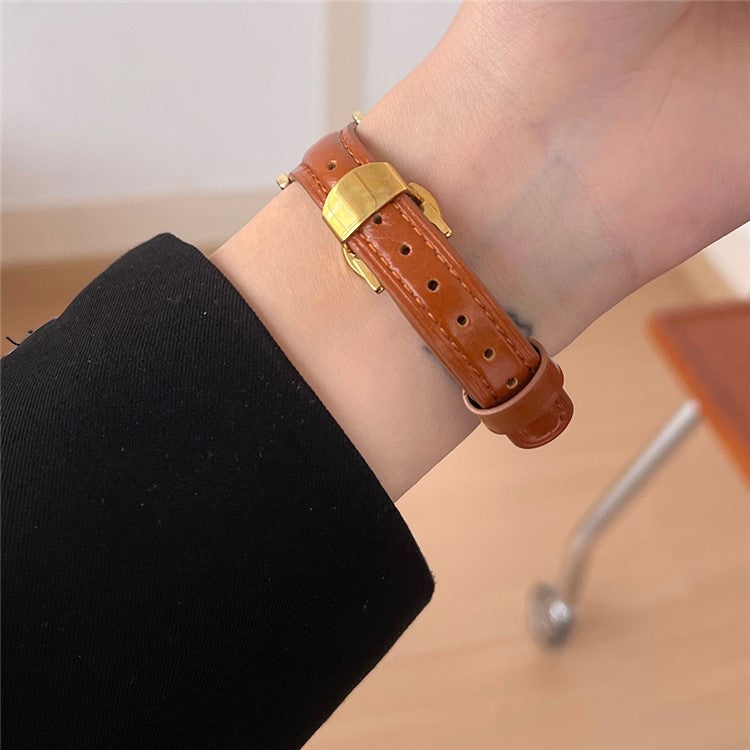 Rhinestone Decor Strap For Apple Watch Series 10 42mm / 9 8 7 41mm / SE (2023) SE (2022) SE 6 5 4 40mm / 3 2 1 38mm Genuine Cow Leather Band - Brown+Gold Buckle
