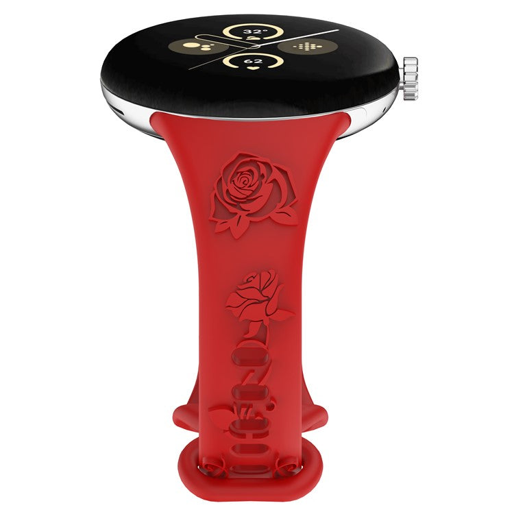 For Google Pixel Watch 3 41mm / Pixel Watch 2 / Pixel Watch Carving Flower Pattern Watch Strap Replacement Silicone Band - Red