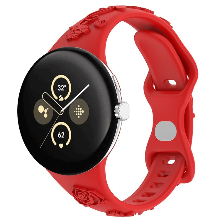 For Google Pixel Watch 3 41mm / Pixel Watch 2 / Pixel Watch Carving Flower Pattern Watch Strap Replacement Silicone Band - Red