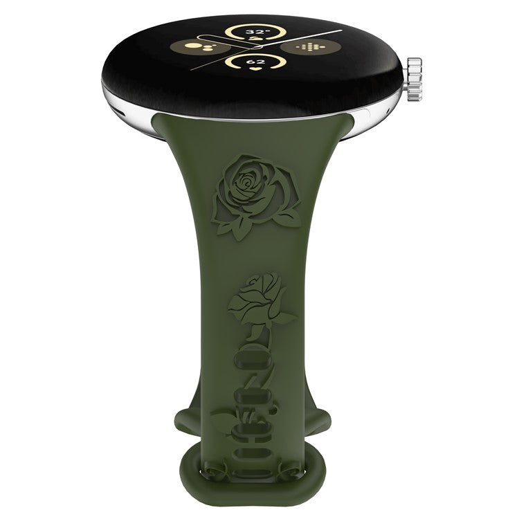 For Google Pixel Watch 3 41mm / Pixel Watch 2 / Pixel Watch Carving Flower Pattern Watch Strap Replacement Silicone Band - Olive Green