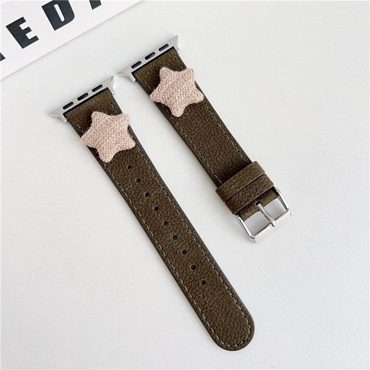 Strap For Apple Watch Series 10 42mm / 9 8 7 41mm / 6 5 4 SE (2023) SE (2022) SE 40mm / 3 2 1 38mm Genuine Cow Leather Watch Band Star Decor - Tan