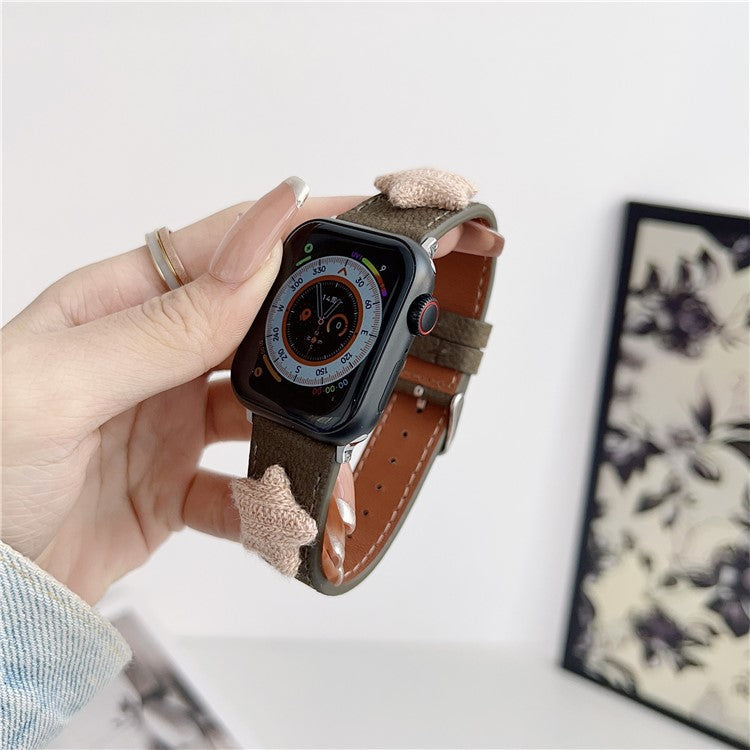 Strap For Apple Watch Series 10 42mm / 9 8 7 41mm / 6 5 4 SE (2023) SE (2022) SE 40mm / 3 2 1 38mm Genuine Cow Leather Watch Band Star Decor - Tan