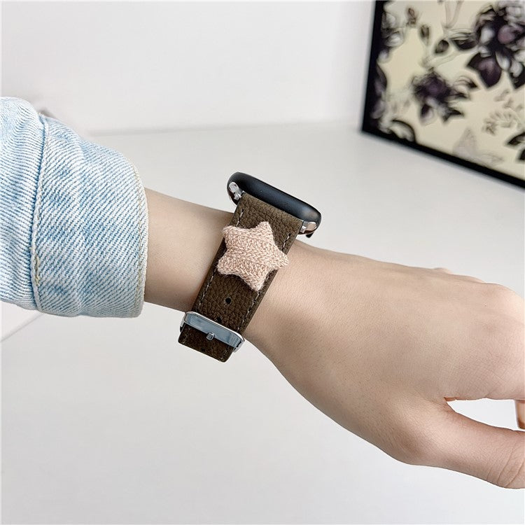 Strap For Apple Watch Series 10 42mm / 9 8 7 41mm / 6 5 4 SE (2023) SE (2022) SE 40mm / 3 2 1 38mm Genuine Cow Leather Watch Band Star Decor - Tan