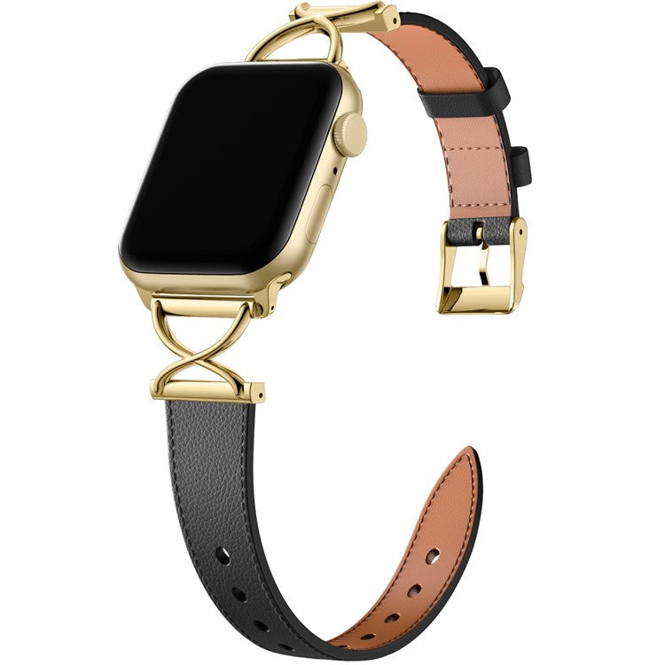 Leather Band For Apple Watch Series 10 42mm / 9 8 7 41mm / 6 5 4 SE (2023) SE (2022) SE 40mm / 3 2 1 38mm Electroplated Buckle Watch Strap - Black+Gold