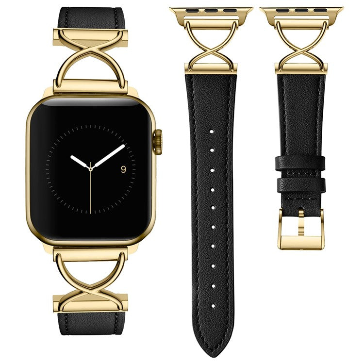Leather Band For Apple Watch Series 10 42mm / 9 8 7 41mm / 6 5 4 SE (2023) SE (2022) SE 40mm / 3 2 1 38mm Electroplated Buckle Watch Strap - Black+Gold