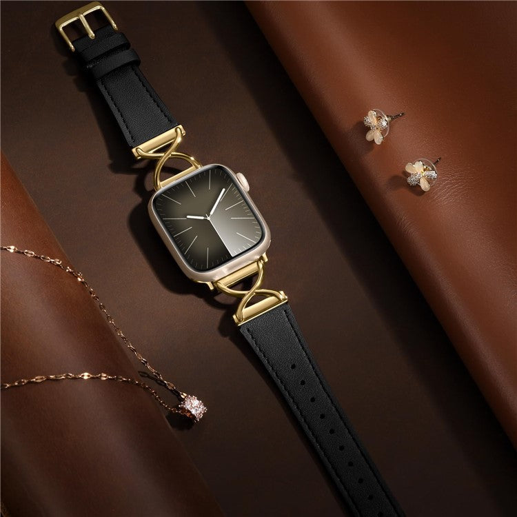 Leather Band For Apple Watch Series 10 42mm / 9 8 7 41mm / 6 5 4 SE (2023) SE (2022) SE 40mm / 3 2 1 38mm Electroplated Buckle Watch Strap - Black+Gold