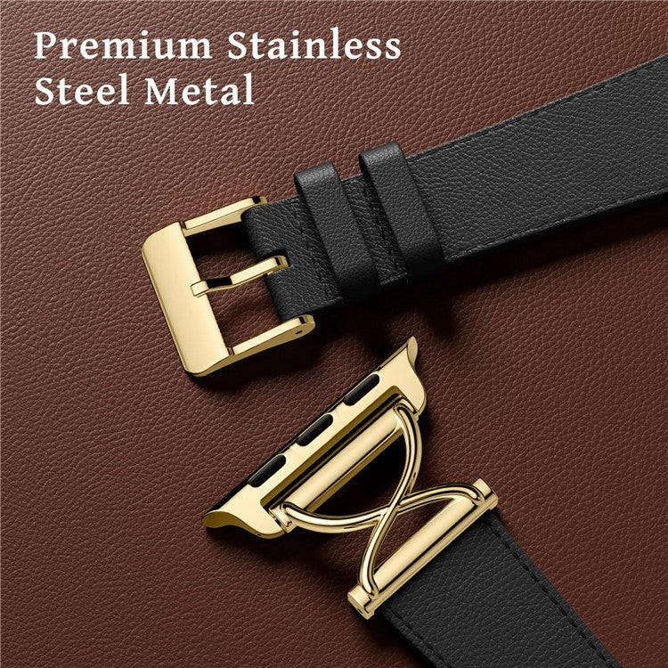 Leather Band For Apple Watch Series 10 42mm / 9 8 7 41mm / 6 5 4 SE (2023) SE (2022) SE 40mm / 3 2 1 38mm Electroplated Buckle Watch Strap - Black+Gold