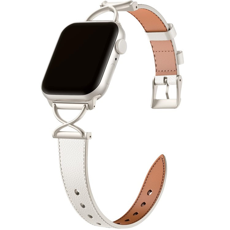 Leather Band For Apple Watch Series 10 42mm / 9 8 7 41mm / 6 5 4 SE (2023) SE (2022) SE 40mm / 3 2 1 38mm Electroplated Buckle Watch Strap - Apricot
