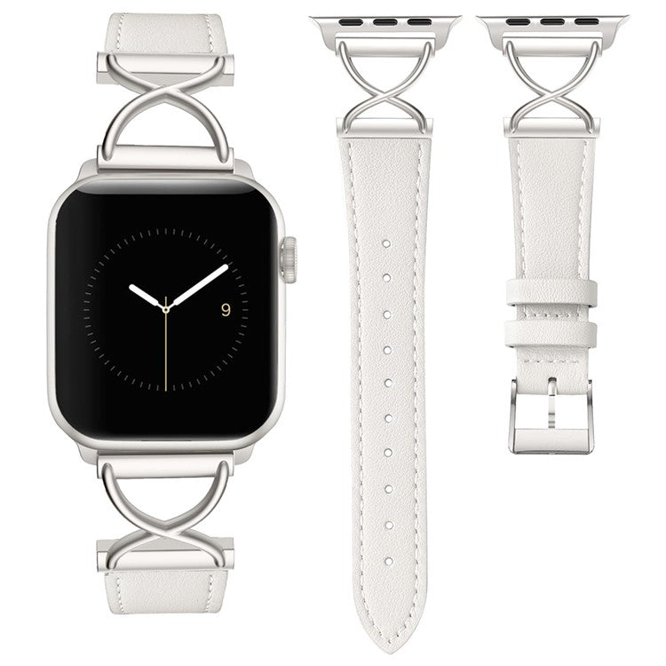 Leather Band For Apple Watch Series 10 42mm / 9 8 7 41mm / 6 5 4 SE (2023) SE (2022) SE 40mm / 3 2 1 38mm Electroplated Buckle Watch Strap - Apricot
