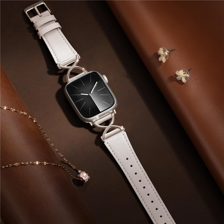 Leather Band For Apple Watch Series 10 42mm / 9 8 7 41mm / 6 5 4 SE (2023) SE (2022) SE 40mm / 3 2 1 38mm Electroplated Buckle Watch Strap - Apricot