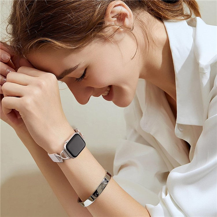 Leather Band For Apple Watch Series 10 42mm / 9 8 7 41mm / 6 5 4 SE (2023) SE (2022) SE 40mm / 3 2 1 38mm Electroplated Buckle Watch Strap - Apricot