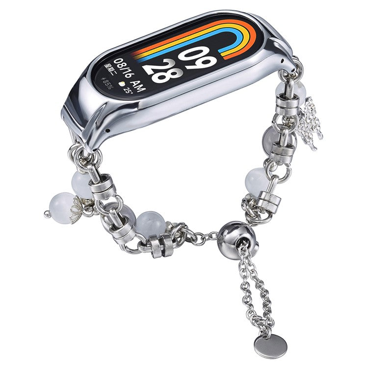 For Xiaomi Smart Band 8 Stainless Steel Watch Band Beads Chain Bracelet with Case - White+Grey