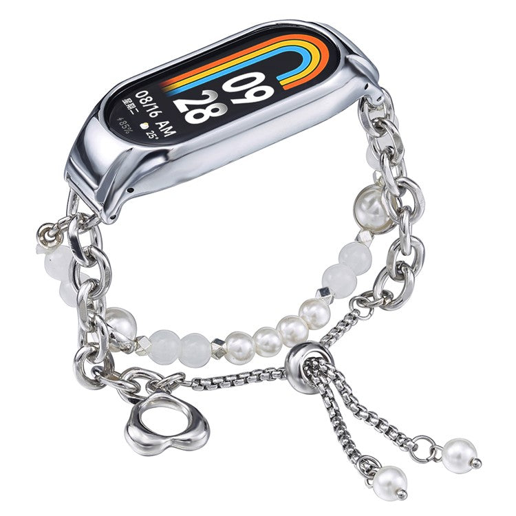 For Xiaomi Smart Band 8 Stainless Steel Watch Band Beads Chain Bracelet with Case - White