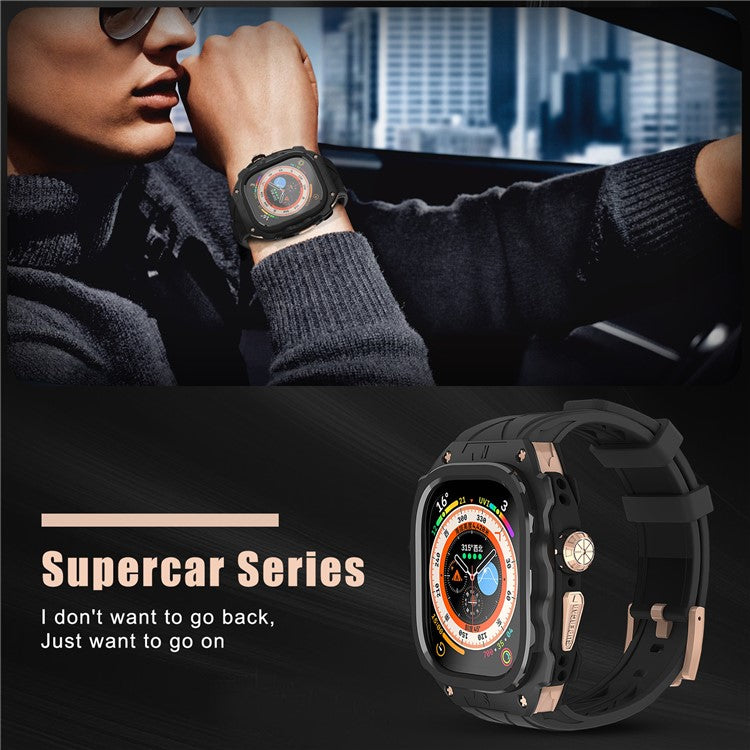 For Apple Watch Ultra 49mm / Ultra 2 49mm Silicone Wrist Strap Band + Integrated Metal Watch Case - Gold