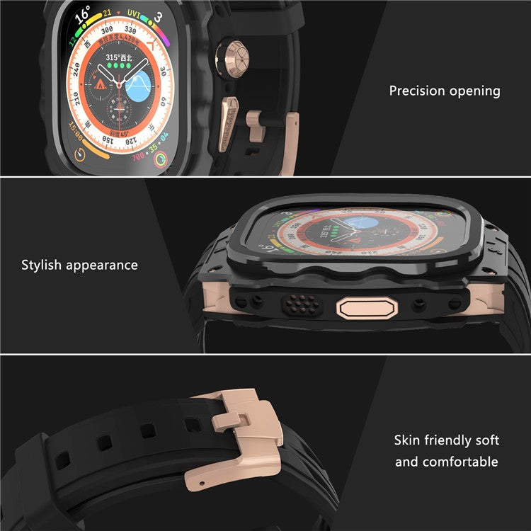 For Apple Watch Ultra 49mm / Ultra 2 49mm Silicone Wrist Strap Band + Integrated Metal Watch Case - Gold