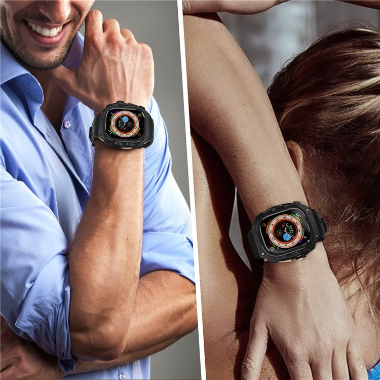 For Apple Watch Ultra 49mm / Ultra 2 49mm Silicone Wrist Strap Band + Integrated Metal Watch Case - Gold