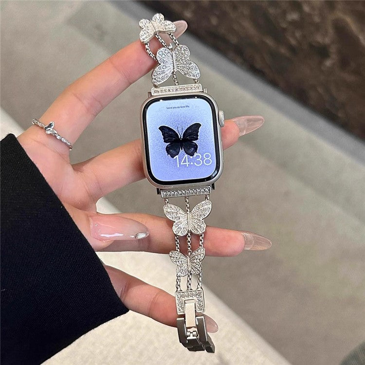 Butterfly Watch Strap for Apple Watch Series 10 42mm / 9 8 7 41mm / 6 5 4 SE (2022) SE (2023) SE 40mm / 3 2 1 38mm Metal Replacement Band - Silver
