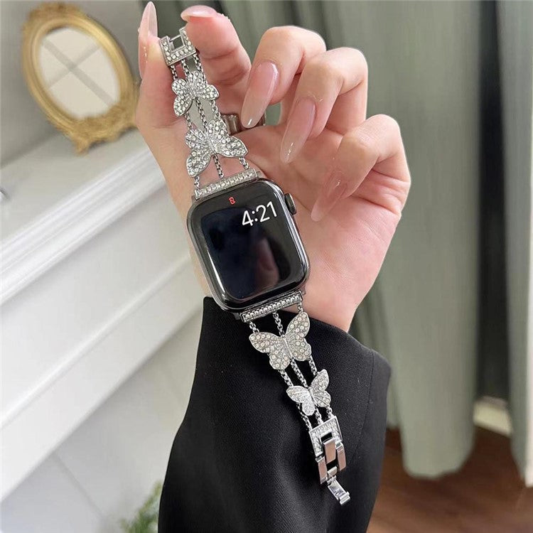 Butterfly Watch Strap for Apple Watch Series 10 42mm / 9 8 7 41mm / 6 5 4 SE (2022) SE (2023) SE 40mm / 3 2 1 38mm Metal Replacement Band - Silver