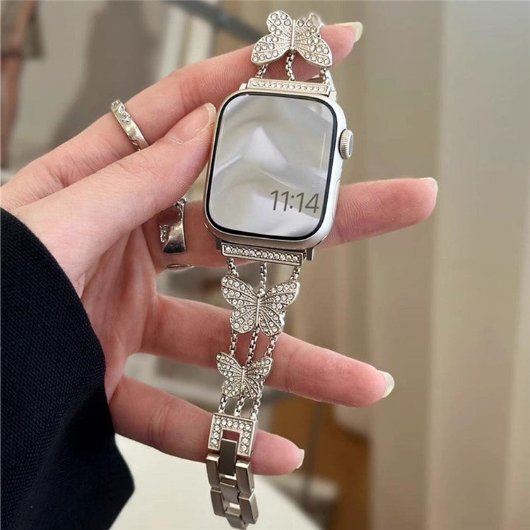 Butterfly Watch Strap for Apple Watch Series 10 42mm / 9 8 7 41mm / 6 5 4 SE (2022) SE (2023) SE 40mm / 3 2 1 38mm Metal Replacement Band - Silver