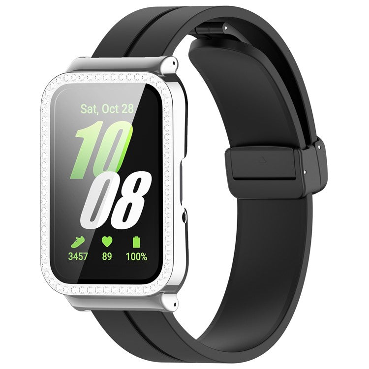 For Samsung Galaxy Fit3 Magnetic Watch Strap Frame Case Tempered Glass Screen Film - Black Silver