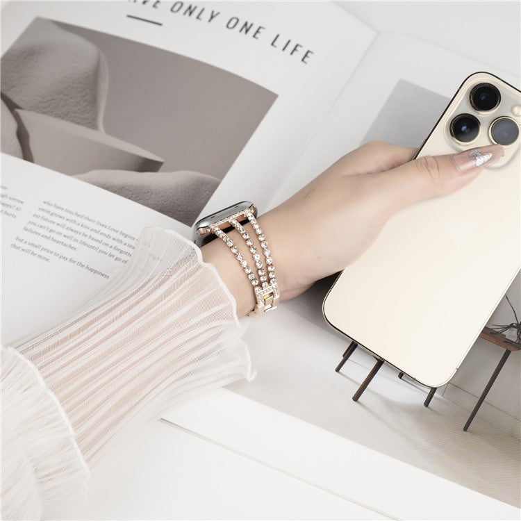 For Apple Watch 10 46mm / Ultra 2 / Ultra 49mm / 9 8 7 45mm / SE (2023) SE (2022) SE 6 5 4 44mm / 3 2 1 42mm 3 Rows Rhinestone Bracelet Strap - Rose Gold