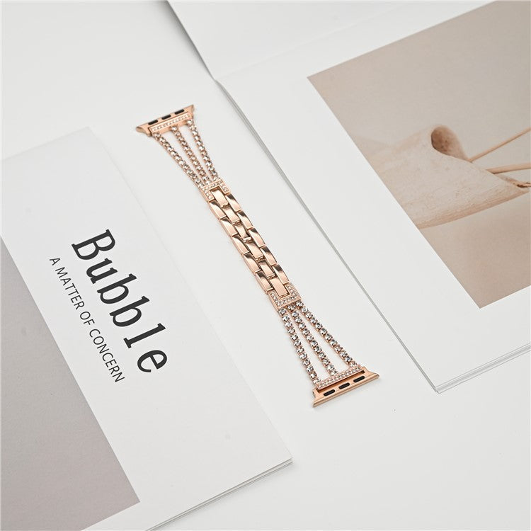 For Apple Watch 10 46mm / Ultra 2 / Ultra 49mm / 9 8 7 45mm / SE (2023) SE (2022) SE 6 5 4 44mm / 3 2 1 42mm 3 Rows Rhinestone Bracelet Strap - Rose Gold