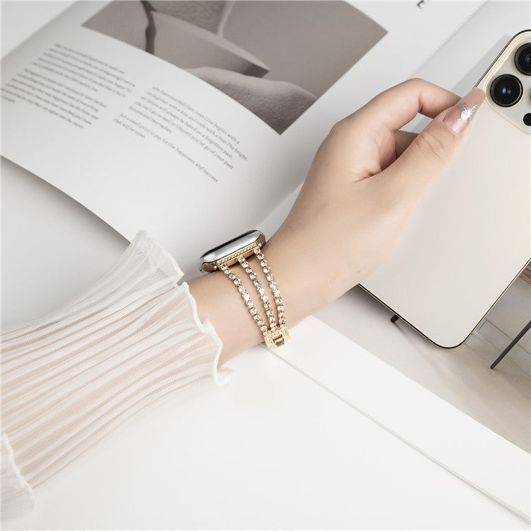 For Apple Watch 10 46mm / Ultra 2 / Ultra 49mm / 9 8 7 45mm / SE (2023) SE (2022) SE 6 5 4 44mm / 3 2 1 42mm 3 Rows Rhinestone Bracelet Strap - Gold