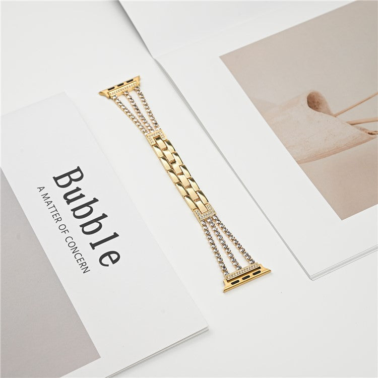 For Apple Watch 10 46mm / Ultra 2 / Ultra 49mm / 9 8 7 45mm / SE (2023) SE (2022) SE 6 5 4 44mm / 3 2 1 42mm 3 Rows Rhinestone Bracelet Strap - Gold